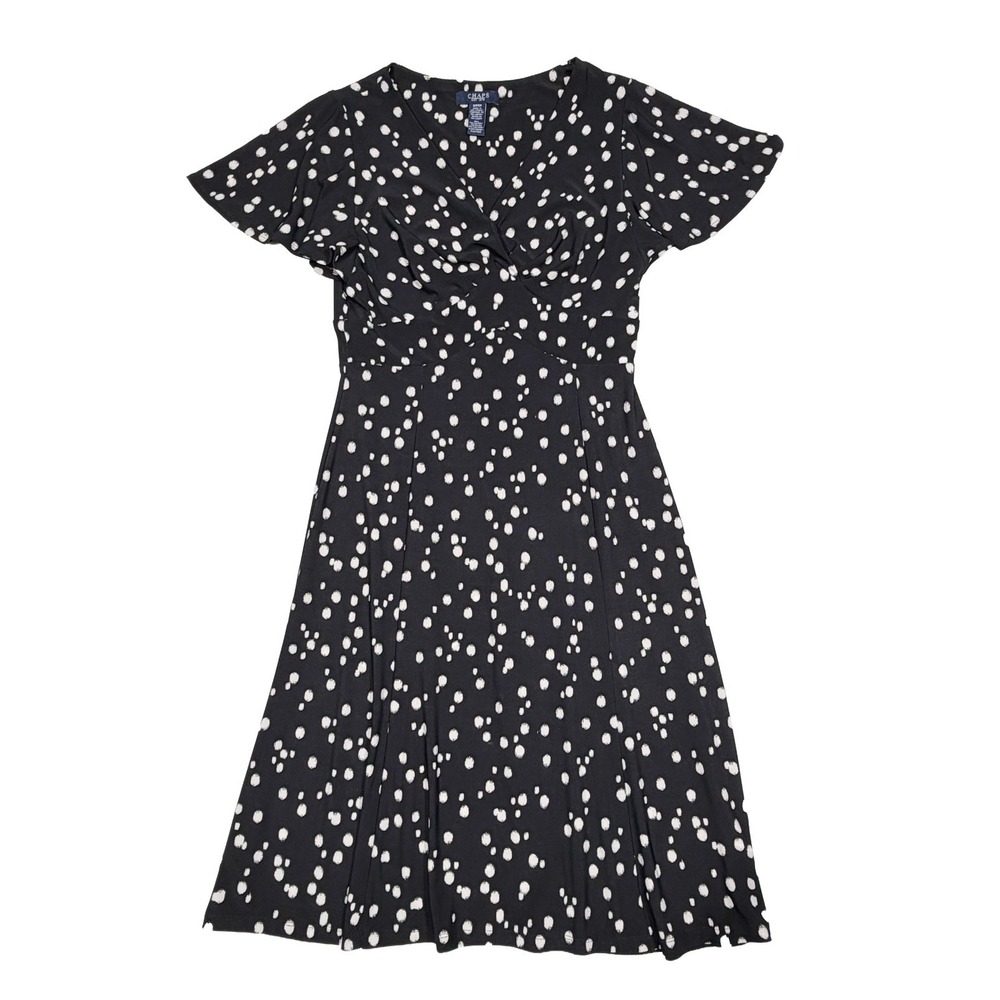 Chaps Black Stretch Dress Women's Size Small Brushed Polka Dots - Picture 2 of 7